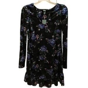 Wild Fable Velvet Floral Long Sleeve Mini Dress Blue Roses Whimsy‎ Goth Romantic